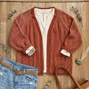 Listicle Striped Cardigan Rust Cream Cozy Knit Open Front Boho oversized